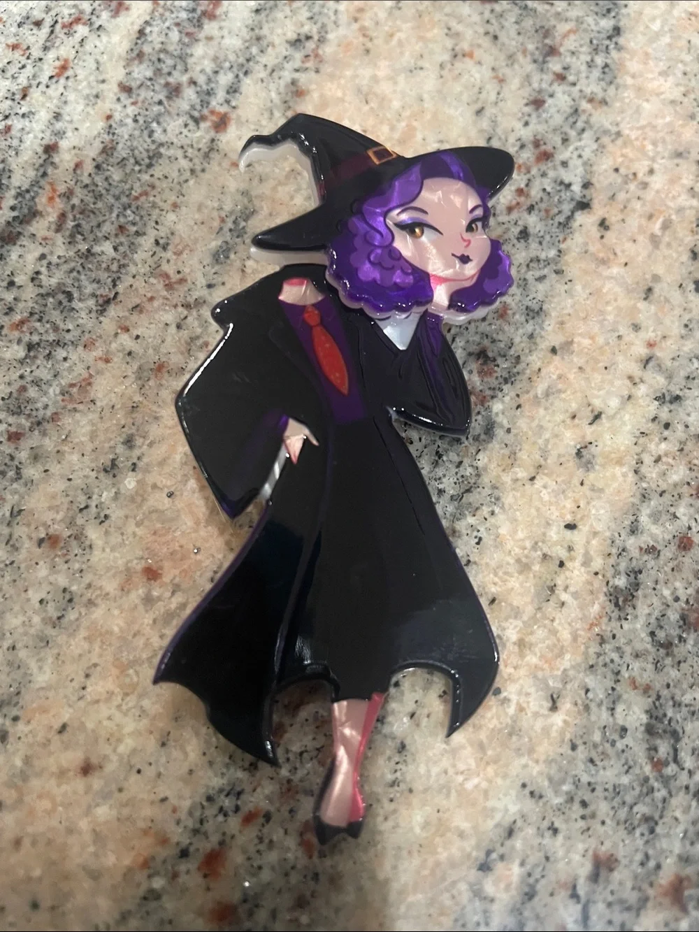 New, Halloween Brooch/Pin Purple-Haired Witch Costume with Black Cloak